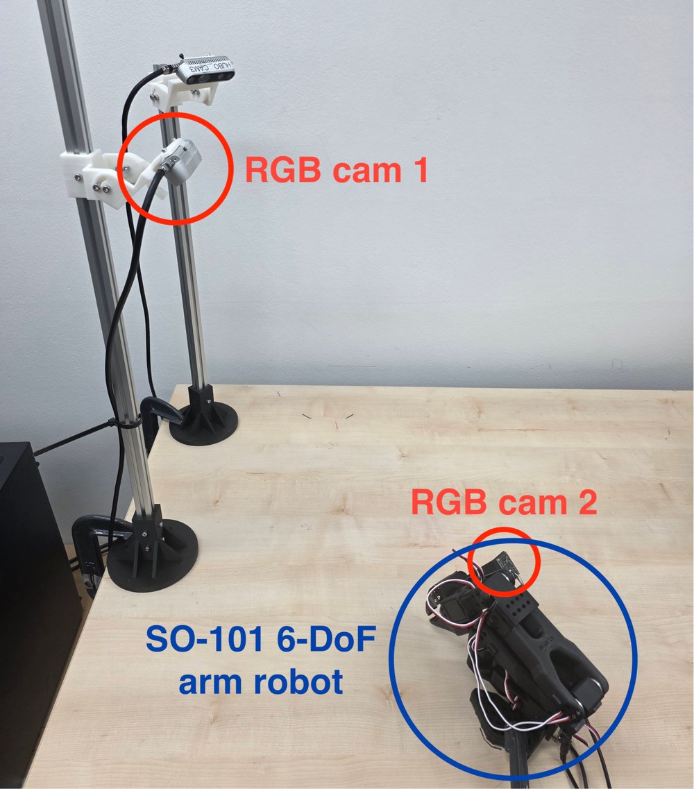 Real robot setup with an SO-101 arm and two RGB cameras